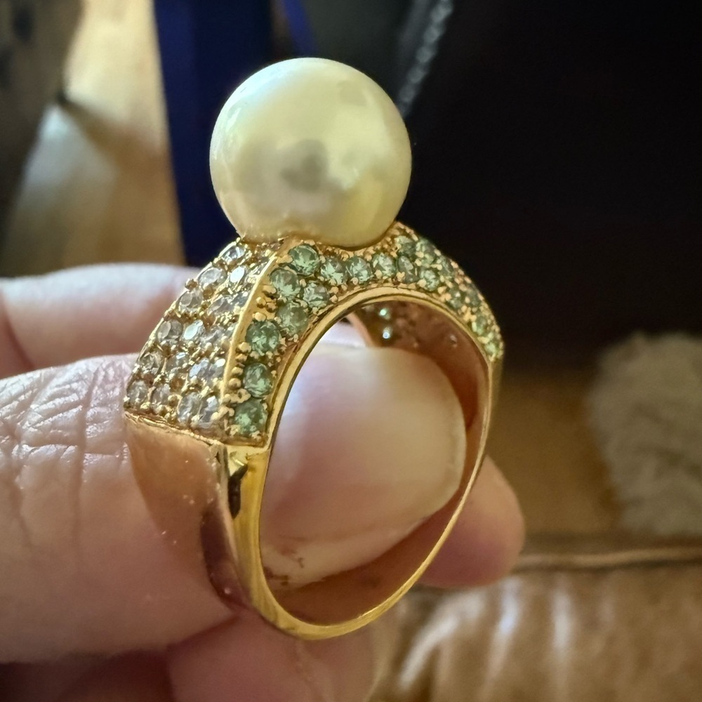 Nolan Miller Pearl & Crystal Dome Ring  925 NMR Gold Vermeil